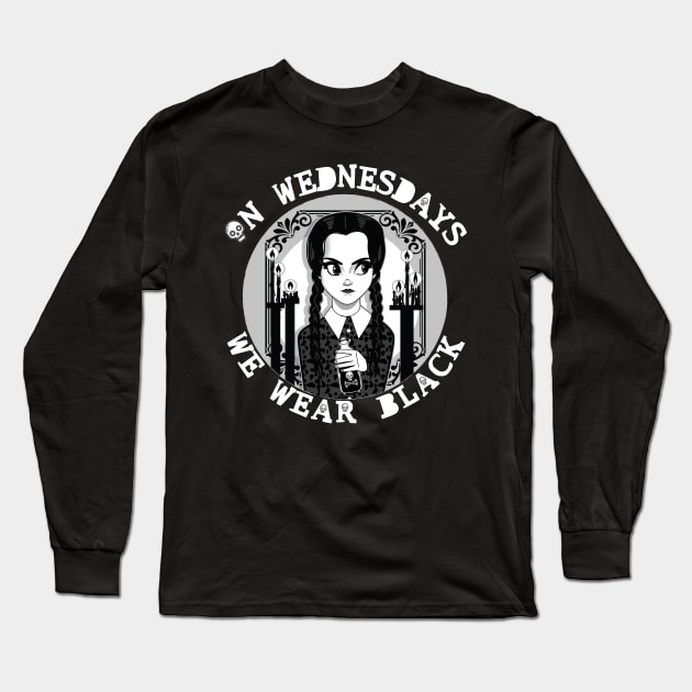 Wednesdays We Wear Black Long Sleeve T-Shirt by gwenillustrates